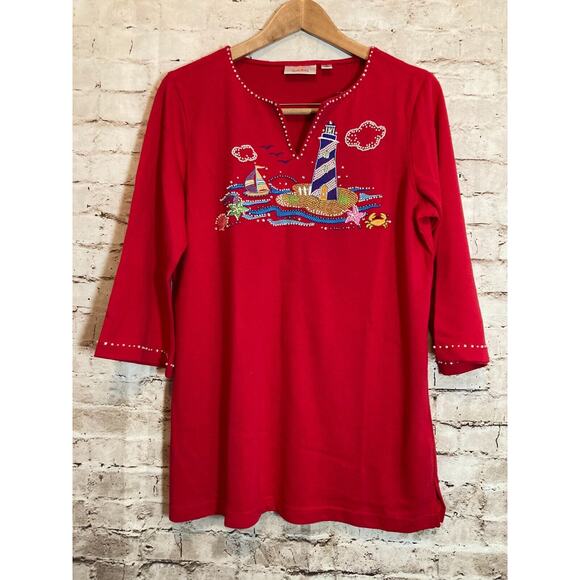 Quacker Factory Top Womens Medium Tunic Red Nautical Beachy Beaded Embroidered - Picture 1 of 16
